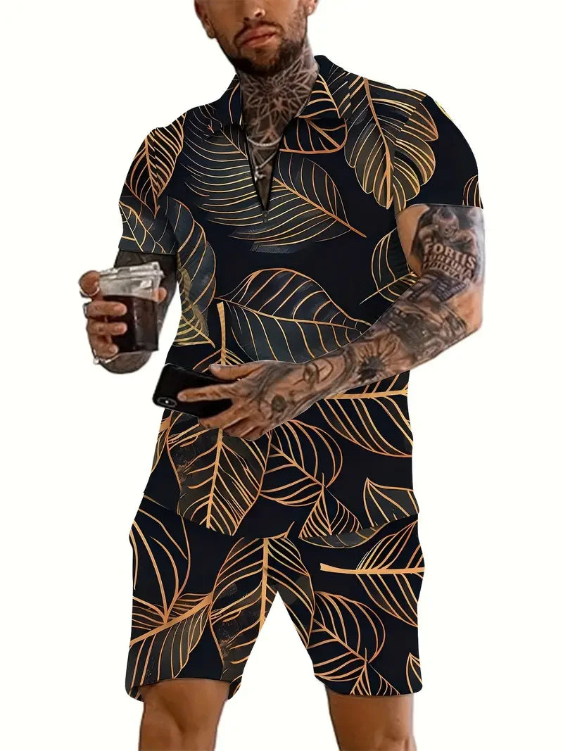 Zipper Shirt Shorts Set Summer Fashion Casual Men's Sports Set 3D Printed Simple Style Lapel Zipper Shirt 2 Sets