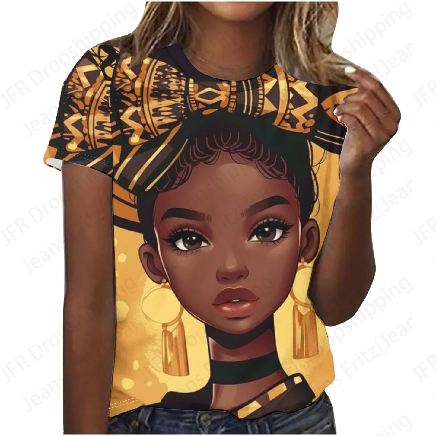 Sexy 3D Print Africa Women T-Shirt Black Large Size Short Sleeve Fashion Top for Females Eye Catching Graphic Design
