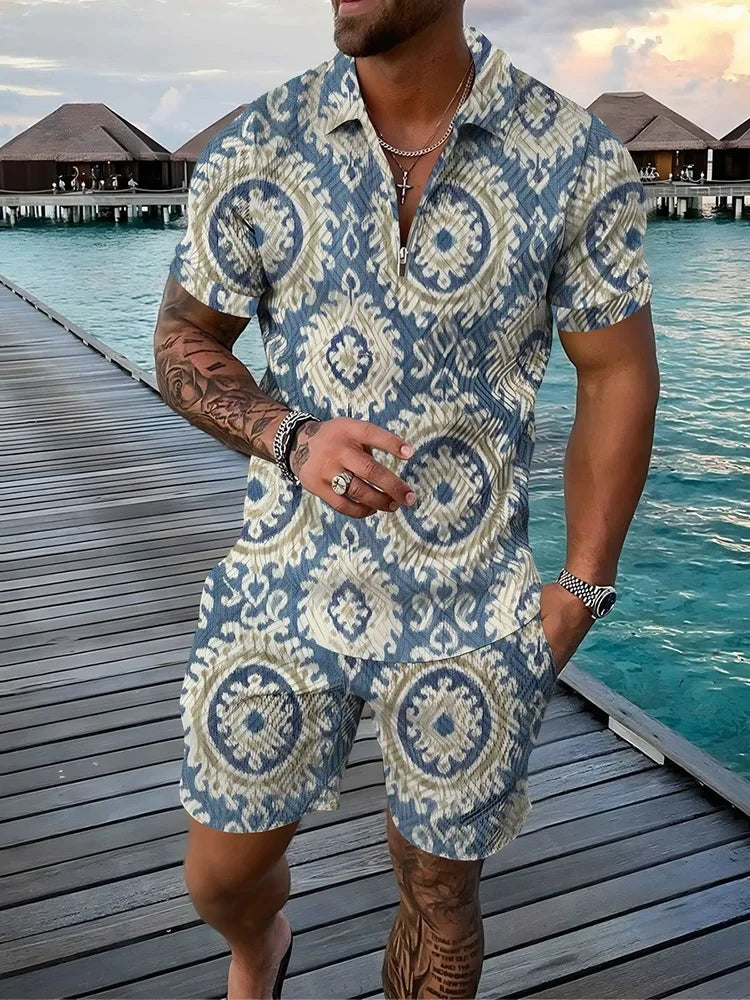 Boho Geometric Style 3D Print Men shirts Set Zipper Lapel Sets Zipper Collar+Shorts 2pcs Man Clothes