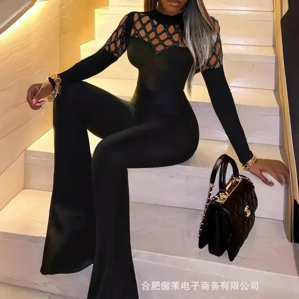 Women's Clothing Grid Stitching Jumpsuit Full Length Flare Pants Playsuit High Waist