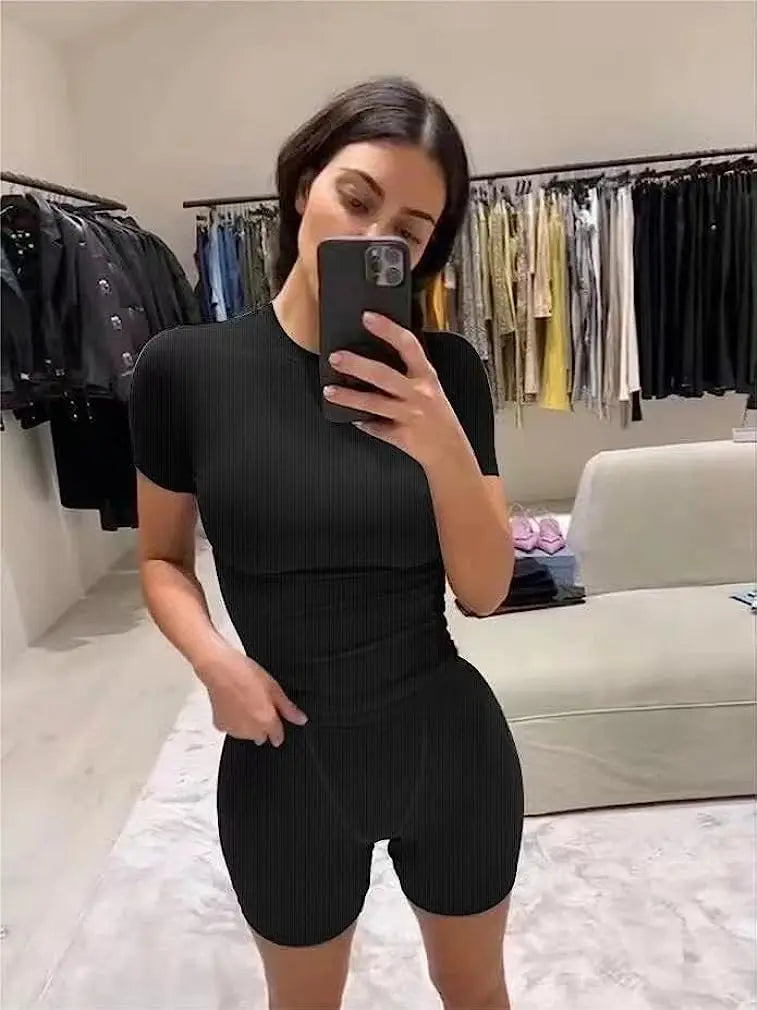 Casual Workout Two Piece Outfits for Women Fitted Crew Neck T-shirt High Waist pants Matching Sets Streetwear