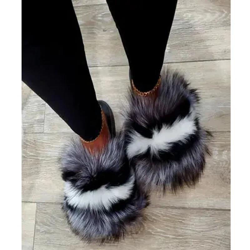 Rainbow Fur Slides Women's Furry Plush Raccoon Fox Fur Slippers Indoor Flat Non-Slip Summer Beach Flip Flops Large Size Sandals