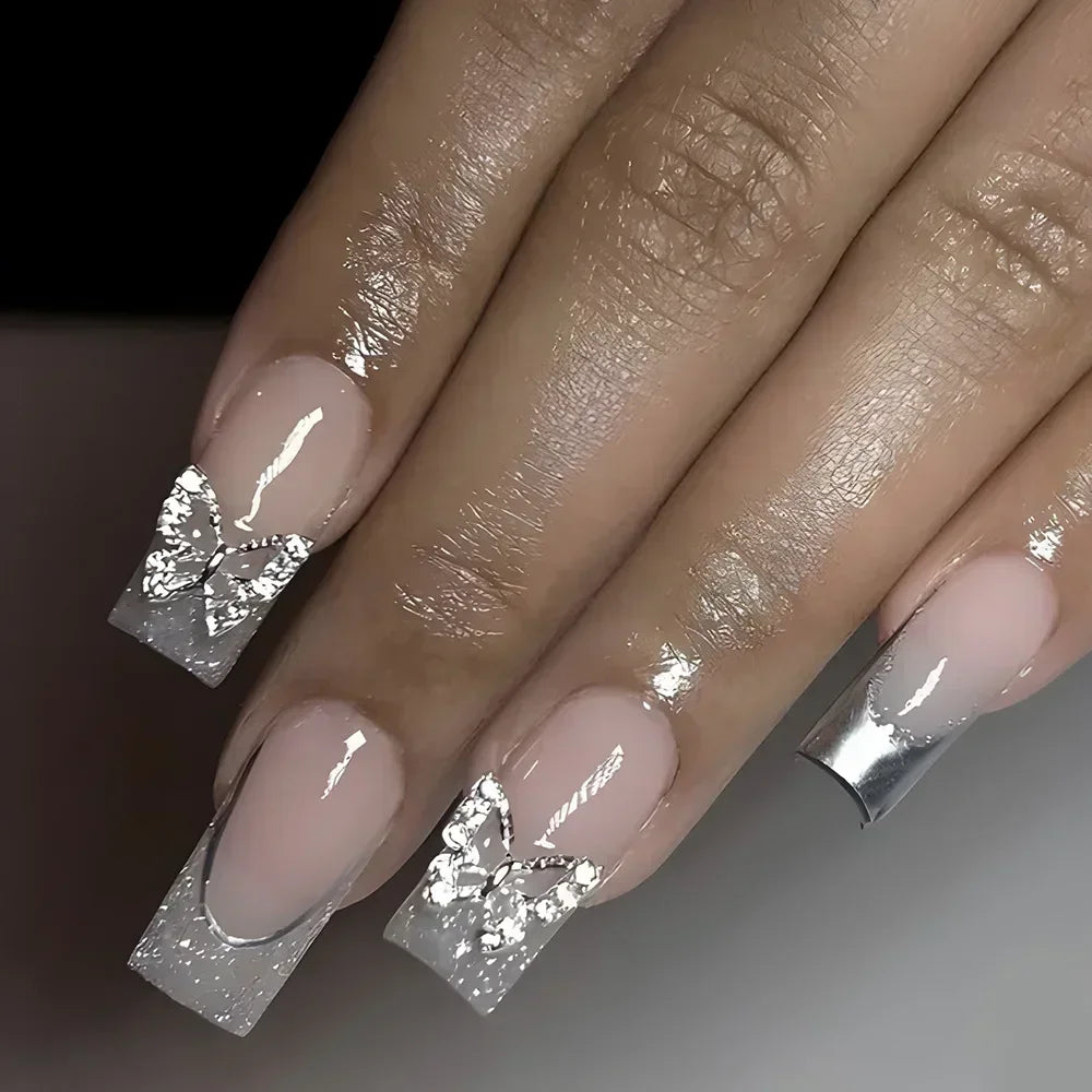 24Pcs Shimmery Long Coffin False Nails with Glue Ballerina Nail Design Sweet Fashion French Press on Acrylic Nails Manicure Tips