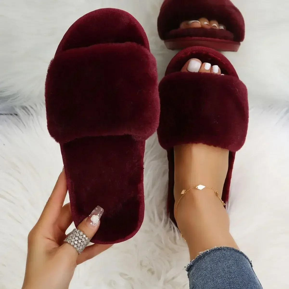 Women House Furry Slippers Non-Slip Casual Indoor Flats Floor Shoes Ladies Flip Flops Warm Shoes Solid Colors 2024