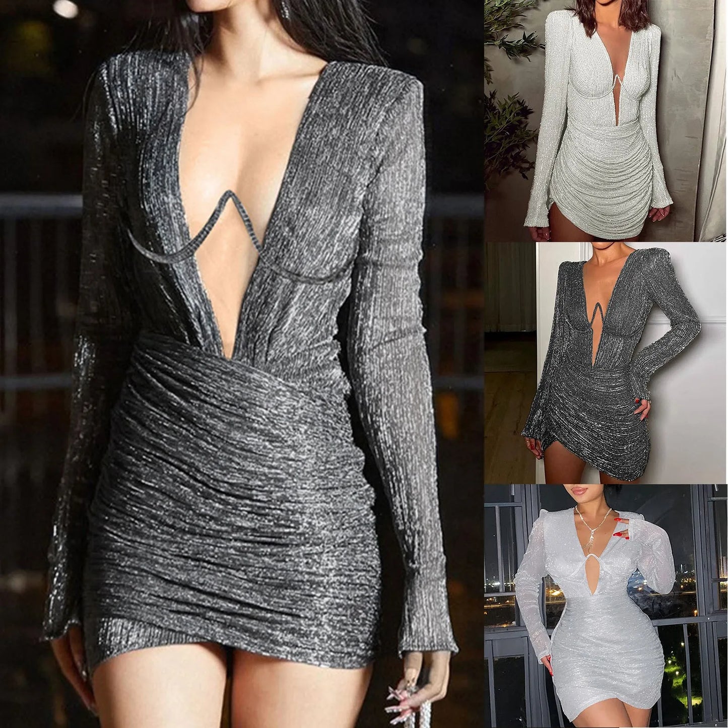 Dresses For Wedding Guest Ladies Fashion Sexy Nightclub Steel Ring Fold Long Sleeve Tight Sexy Shoulder Vestidos De Fiesta