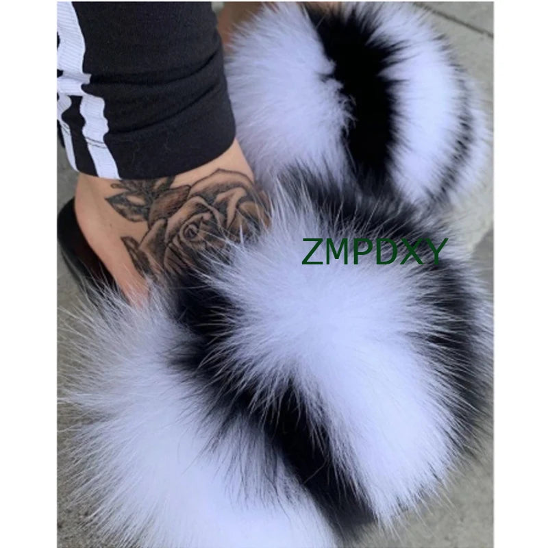 Rainbow Fur Slides Women's Furry Plush Raccoon Fox Fur Slippers Indoor Flat Non-Slip Summer Beach Flip Flops Large Size Sandals