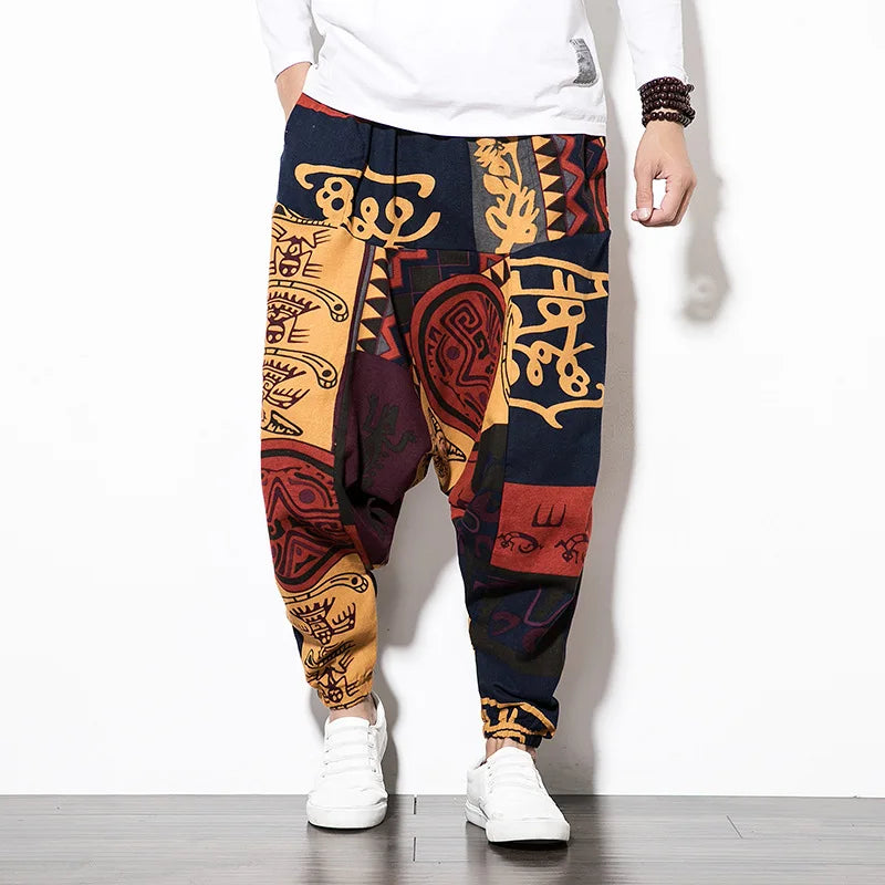 Cotton Linen Harem Pants Men Elastic Waist Streetwear Floral Joggers 2023 New Baggy Drop-crotch Pants Casual Trousers Men