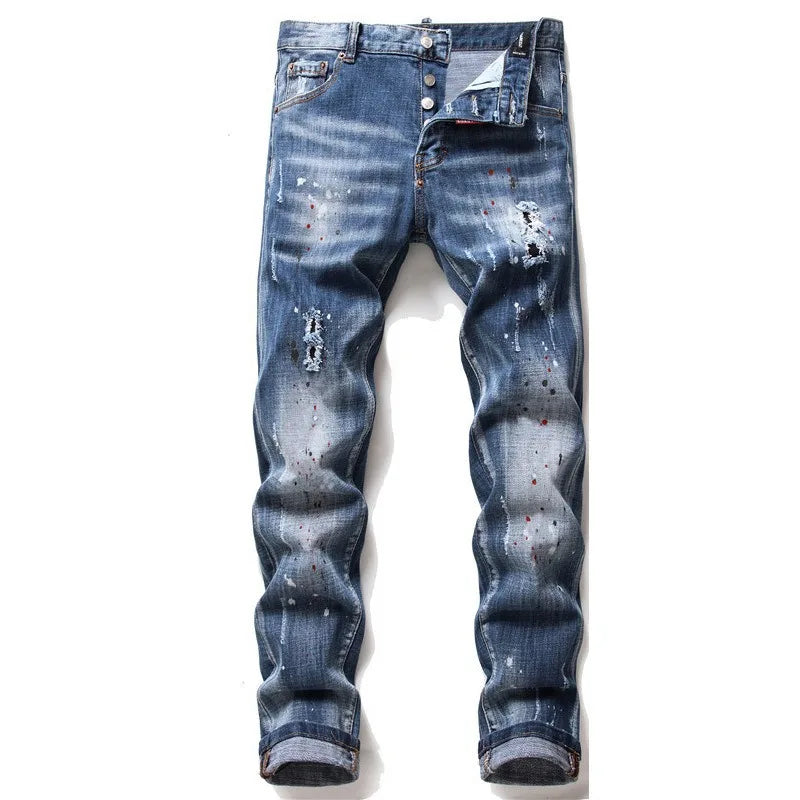 Men's Slim Fit Tattered Paint Jeans Retro Style Stretch Denim Pants with Hole Badge for High Street Fashion