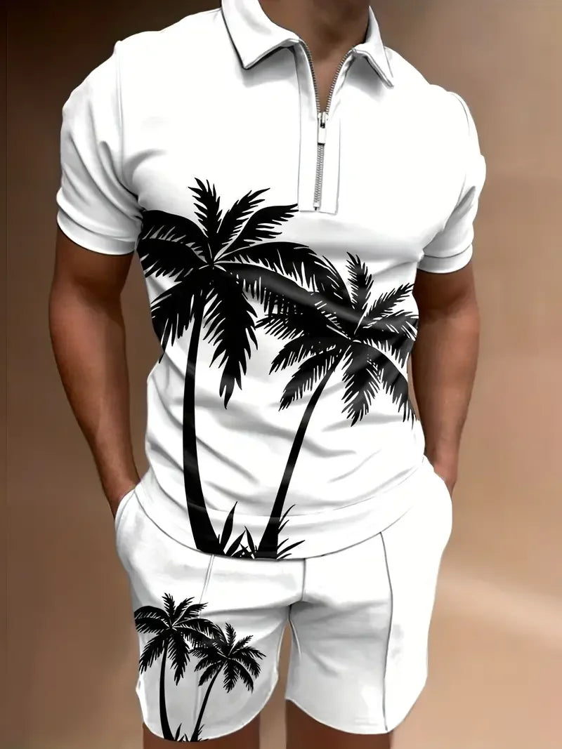 Zipper Shirt Shorts Set Summer Fashion Casual Men's Sports Set 3D Printed Simple Style Lapel Zipper Shirt 2 Sets