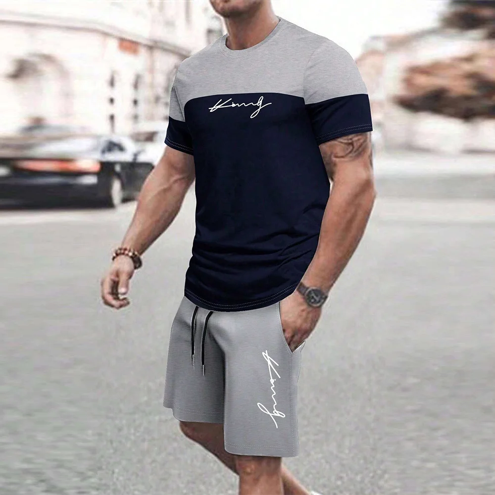 Men's Quick Drying Summer Casual Sports Suit Short Sleeve O-Neck Polyester Loose Fit Trendy Streetwear Ensemble