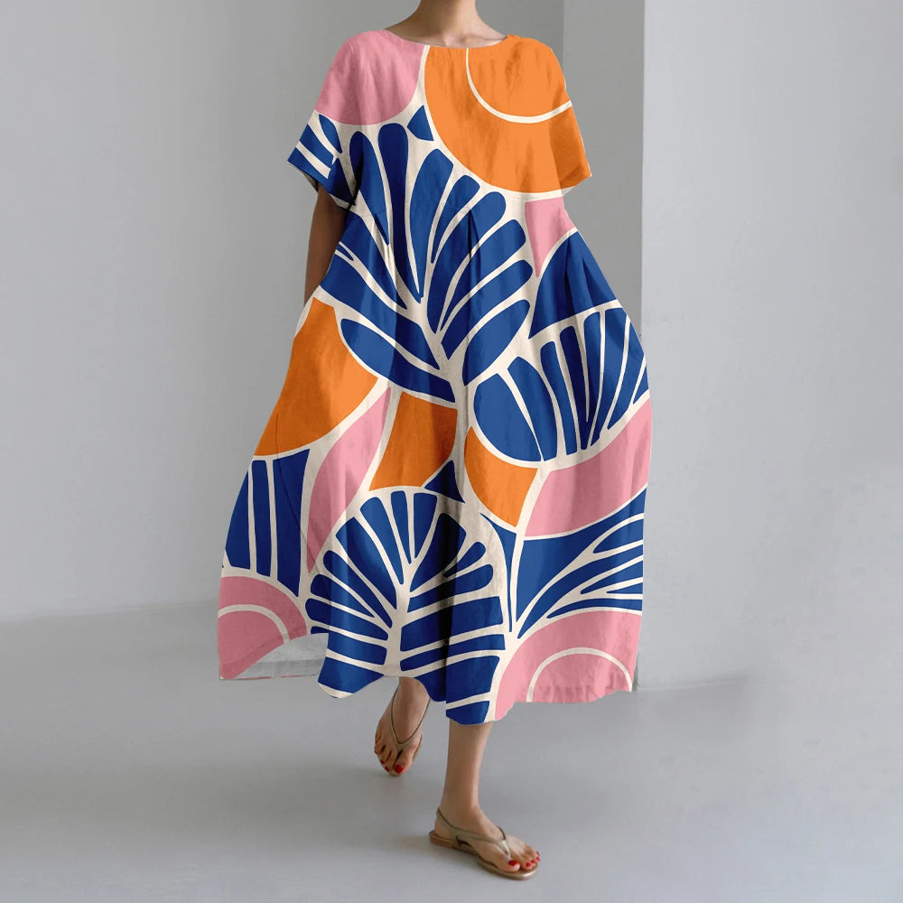 New Summer Womens Dresses Exquisite Elegant Round Neck Short Sleeve Long Pink Spotted Irregular Printed Comfortable Midi Dresses
