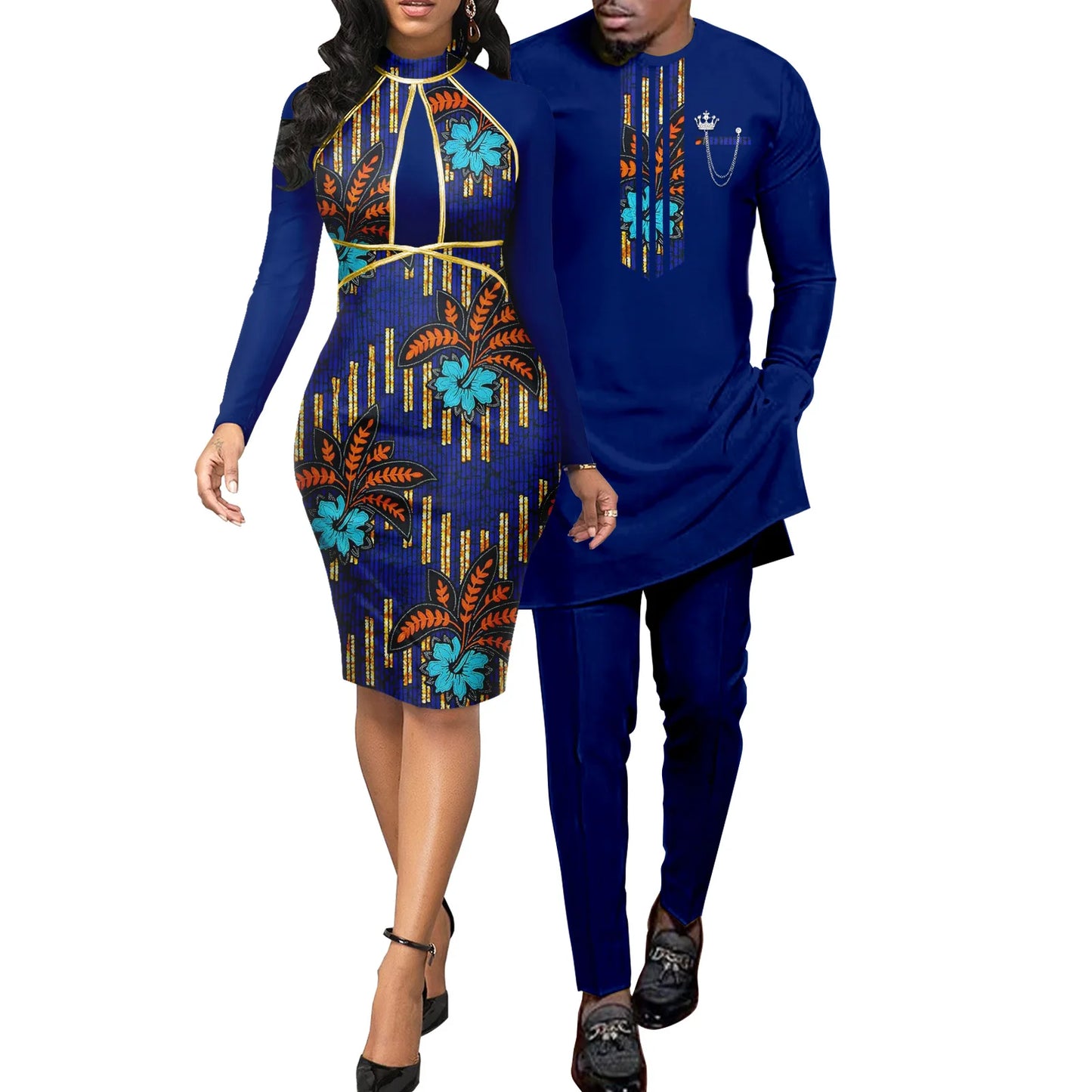 African Abaya Hip Dresses for Women Matching Couple Outfits with Bazin Riche Men's Top and Pant Set Dashiki Print