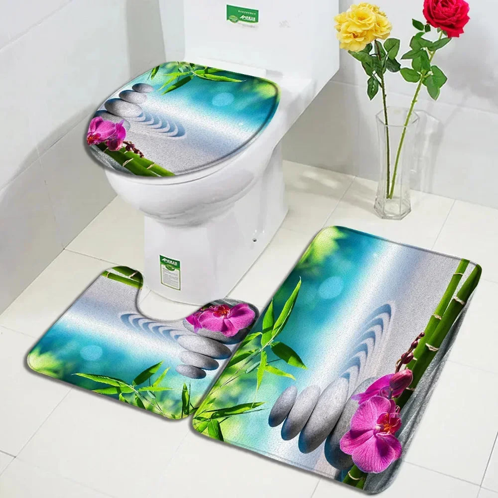 Zen Bath Mat Set Pink Lotus Orchid Grey Stone Green Bamboo Home Carpet White Bathroom Decor Flannel Floor Rugs Toilet Lid Cover