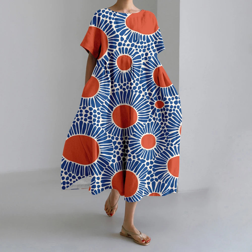 New Summer Womens Dresses Exquisite Elegant Round Neck Short Sleeve Long Pink Spotted Irregular Printed Comfortable Midi Dresses