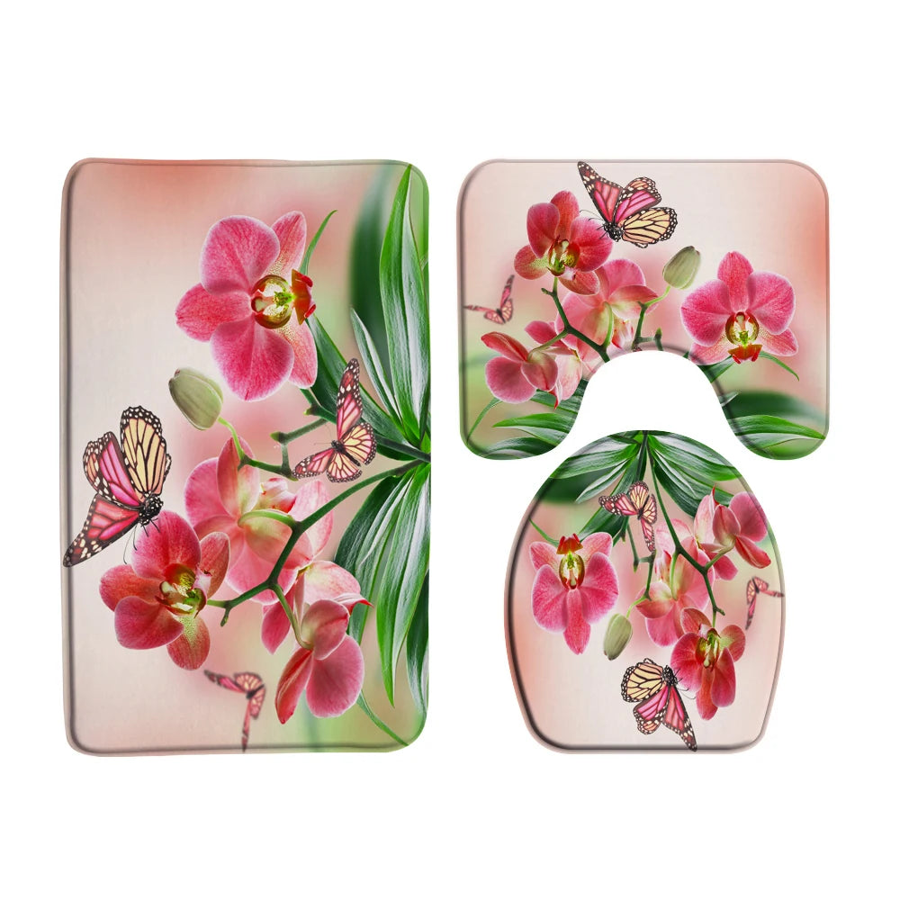 Butterfly Rose Flower Printed Waterproof Bathroom Shower Curtain Set Non-Slip Bath Mat Rug Sets Toilet Cover Bathroom Decor