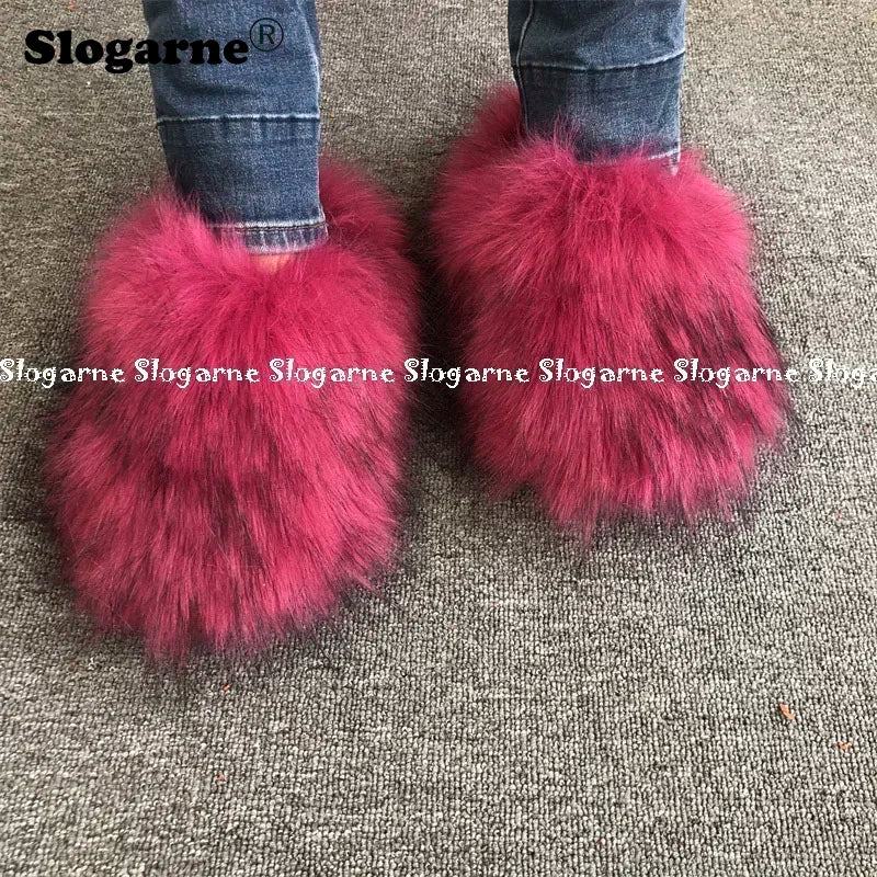 New Colorful Raccoon Fur Slippers Women Winter Faux Fur Shoes Ladies Luxury Furry Slippers Girls Artificial Fox Furs Slides Shoe