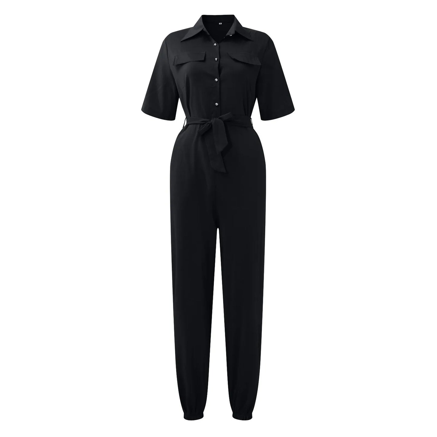 Women's Casual Lapel Lace-Up Printed Belt Short Sleeve Jumpsuit Summer Fashion Workwear Keep Short Eye Catching Junior Size