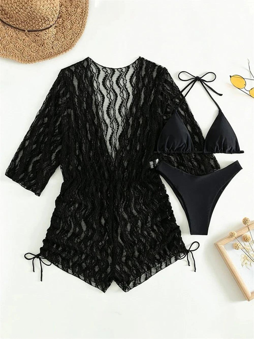 3 pieces Halter Bikini Tropical Print Swimsuit Drawstring Side Swimwear Women Long Sleeve Bathing Suit Female Swimming Beachwear