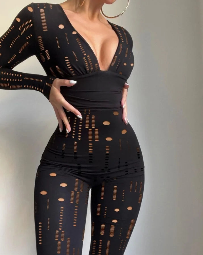 Sexy Party Night Out Jumpsuit Women Elegance Plain Glitter Cold Shoulder Long Sleeve Contrast Lace Corset Skinny Jumpsuit