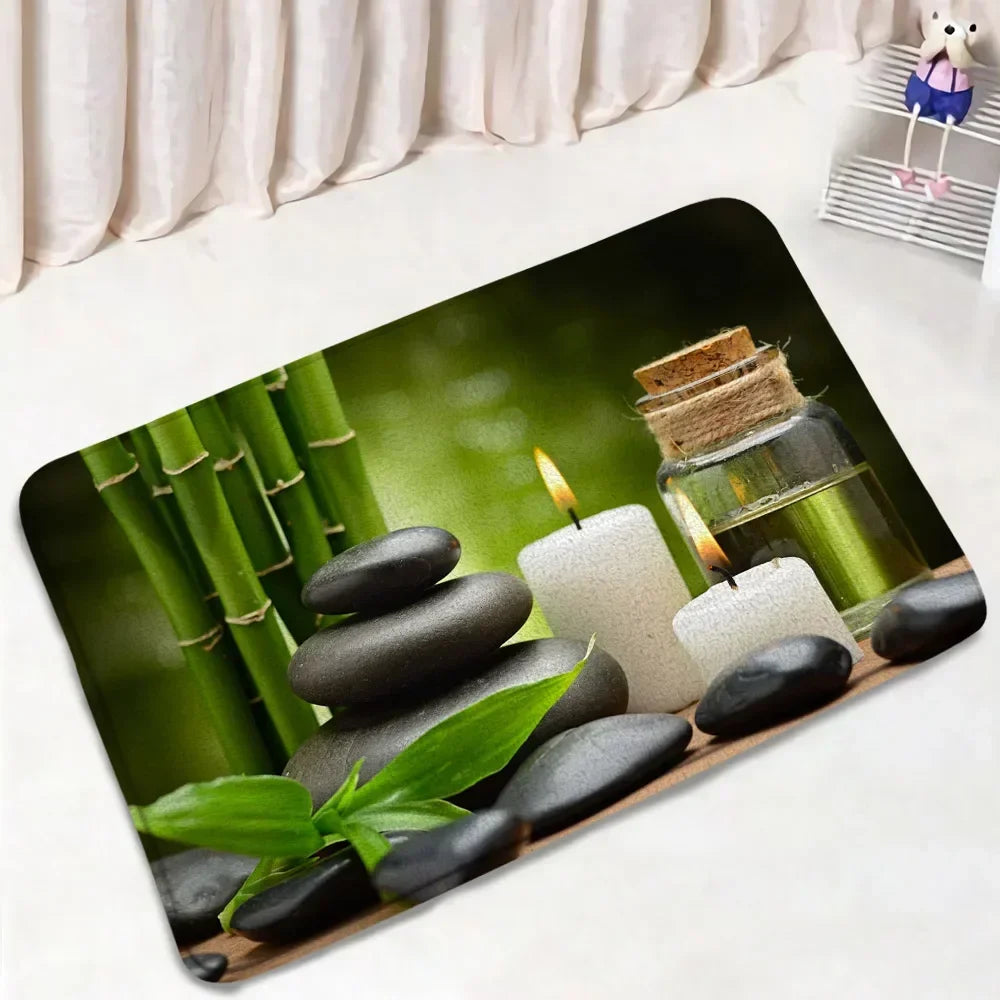 Zen Bath Mat Set Pink Lotus Orchid Grey Stone Green Bamboo Home Carpet White Bathroom Decor Flannel Floor Rugs Toilet Lid Cover