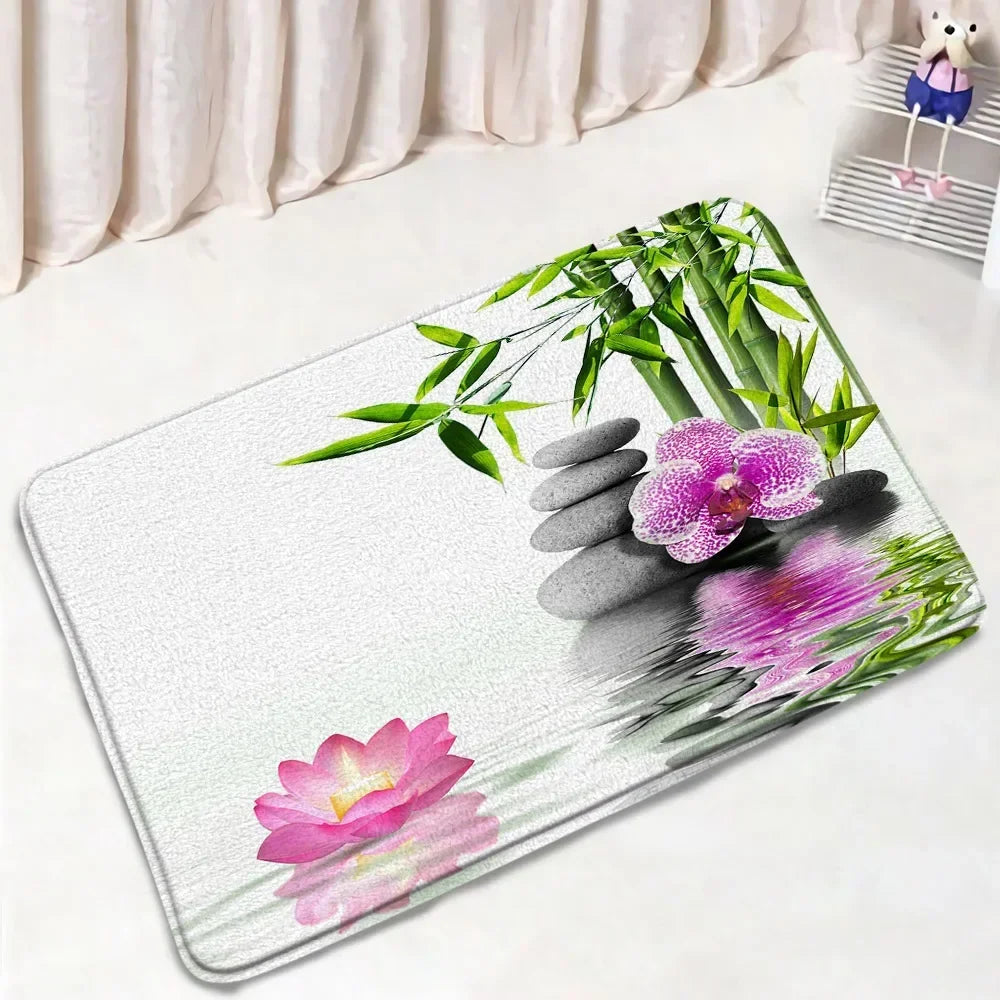 Zen Bath Mat Set Pink Lotus Orchid Grey Stone Green Bamboo Home Carpet White Bathroom Decor Flannel Floor Rugs Toilet Lid Cover