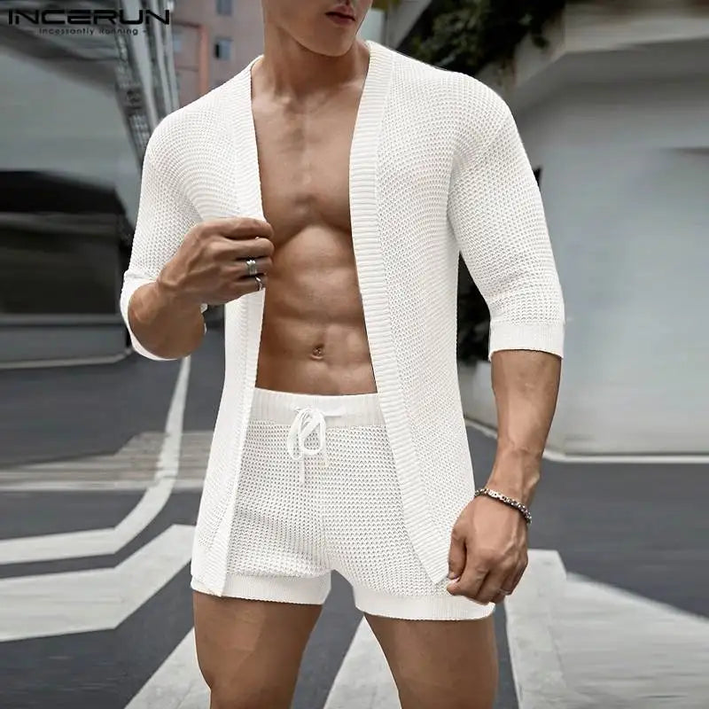 Men Sets Solid Color Streetwear Summer Half Sleeve Cardigan & Drawstring Shorts Two Pieces Sets 2023 Men's Casual Suits INCERUN