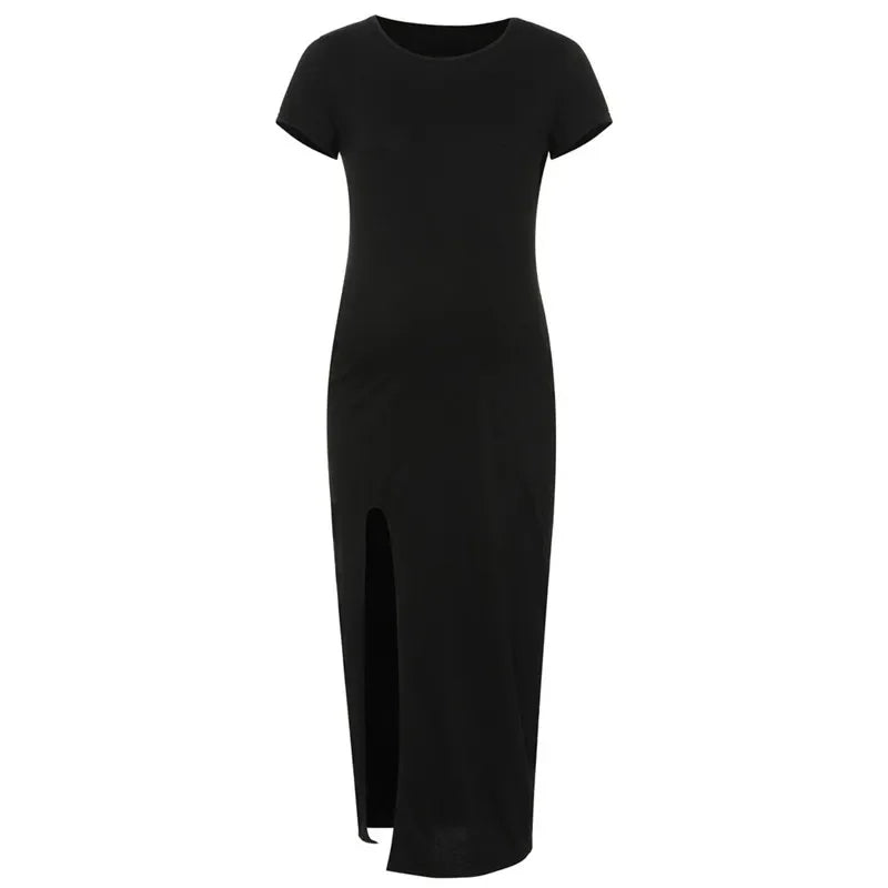Pregnant Tight Open Long Dress Women Solid O-Neck Short Sleeve Maternity Spring Summer Pregnancy Clothes