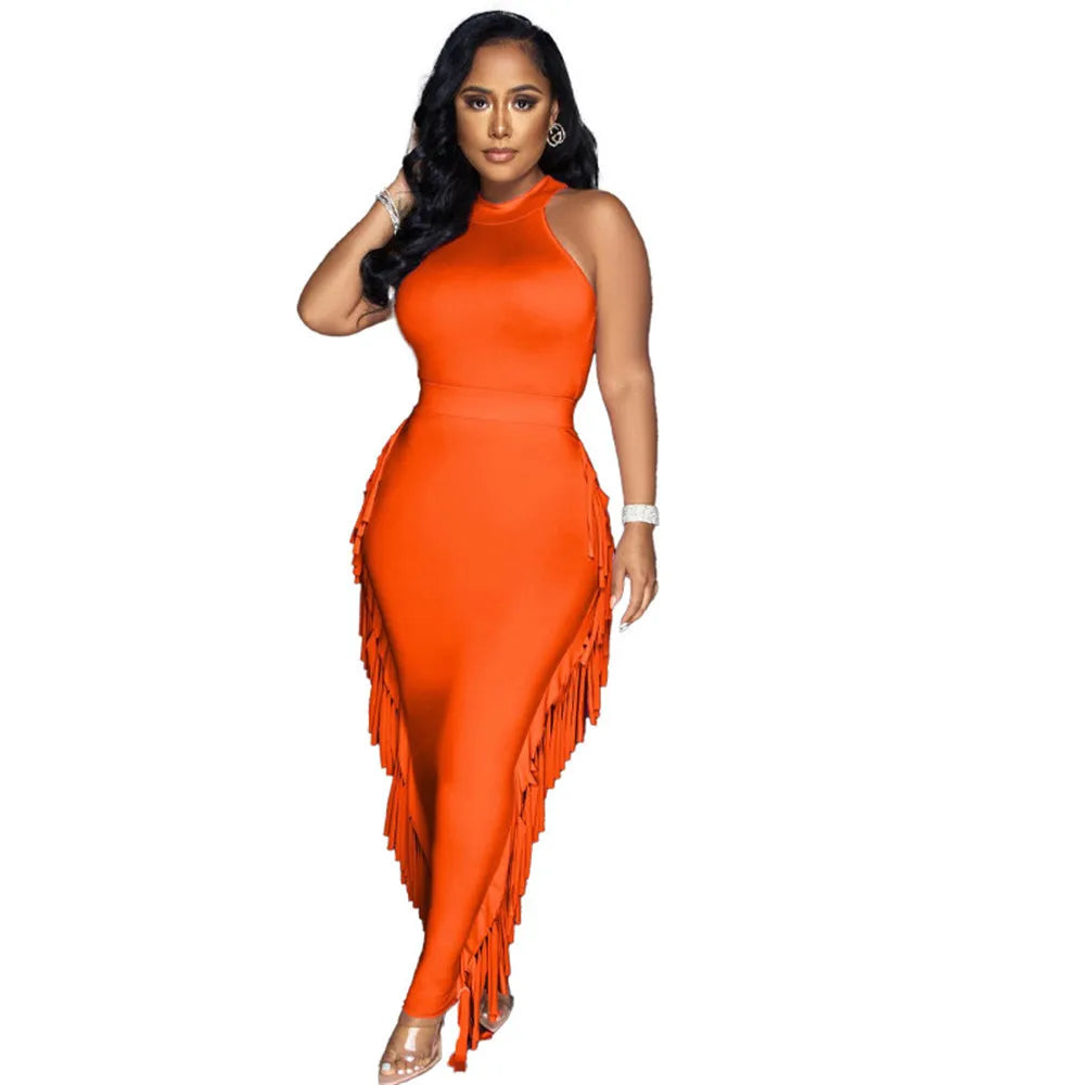 Wmstar Party Dress Sets Women Sexy Sleeveless Tassel Bodycon Stretch Maxi Skirts New In Matching Suit Wholesale Dropshipping