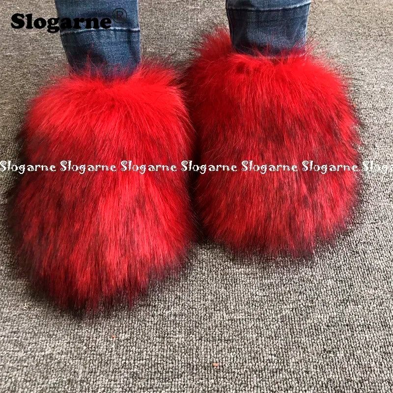 New Colorful Raccoon Fur Slippers Women Winter Faux Fur Shoes Ladies Luxury Furry Slippers Girls Artificial Fox Furs Slides Shoe