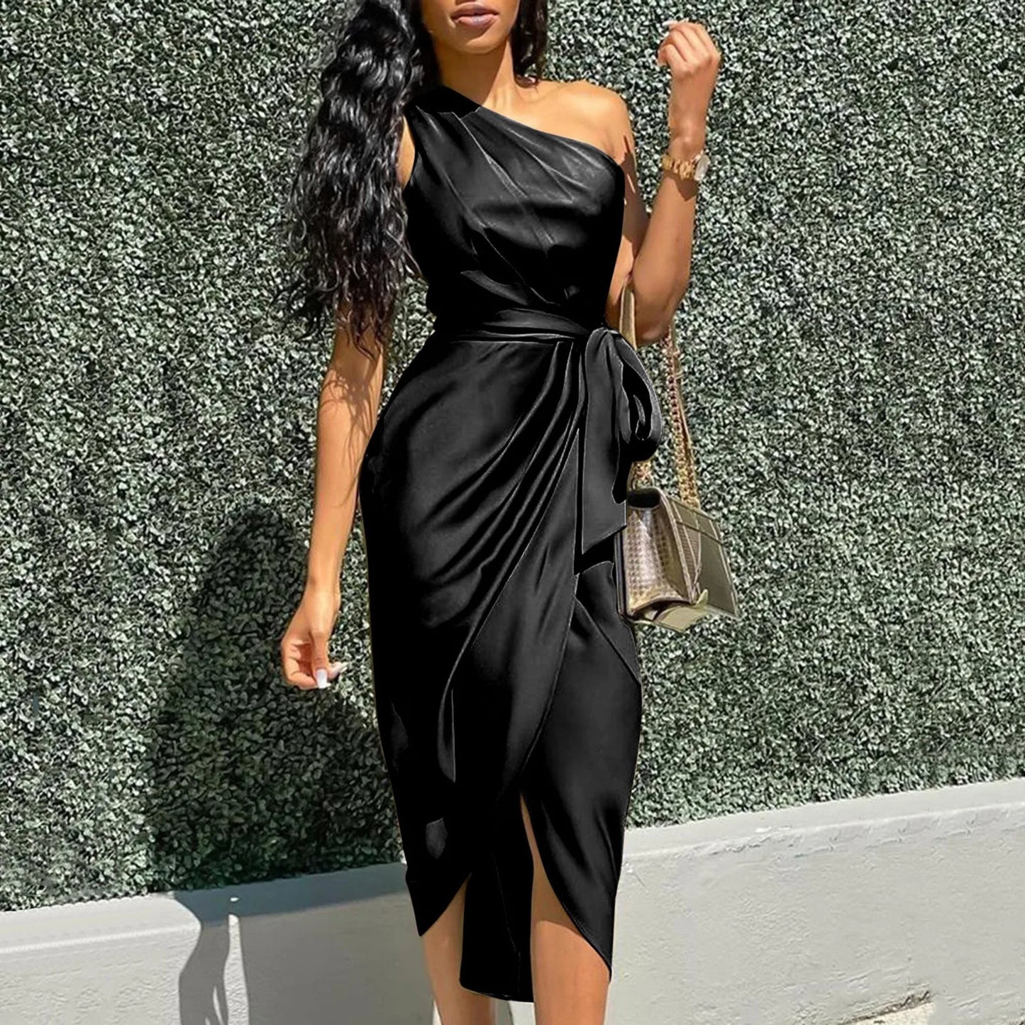 Women Prom Cocktail Dresses Sexy Solid One Shoulder Ruched Slit Belted Waist Dress Sleeveless Formal Occasion Dresses 원피스