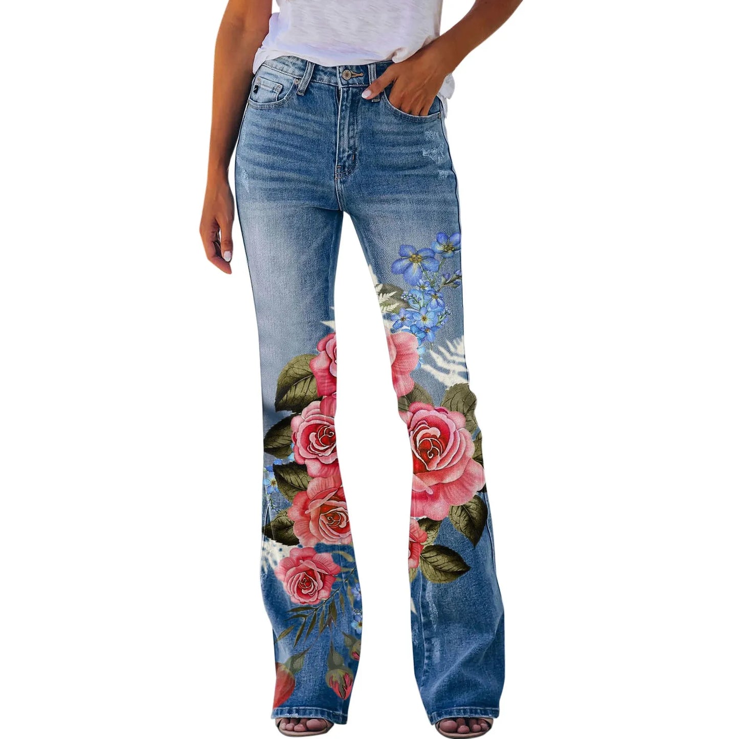 Y2K Ladies Retro Flared Jeans Floral Printed Slim-Fit Denim Trousers Baggy Style for Streetwear