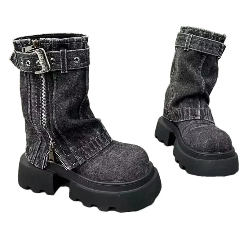 Women Cowboy Mid-calf Boots Zipper Platform Mid Heels Designer Shoes Winter New Motorcycle Boots 2024