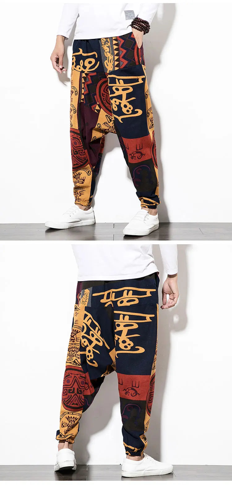 Cotton Linen Harem Pants Men Elastic Waist Streetwear Floral Joggers 2023 New Baggy Drop-crotch Pants Casual Trousers Men