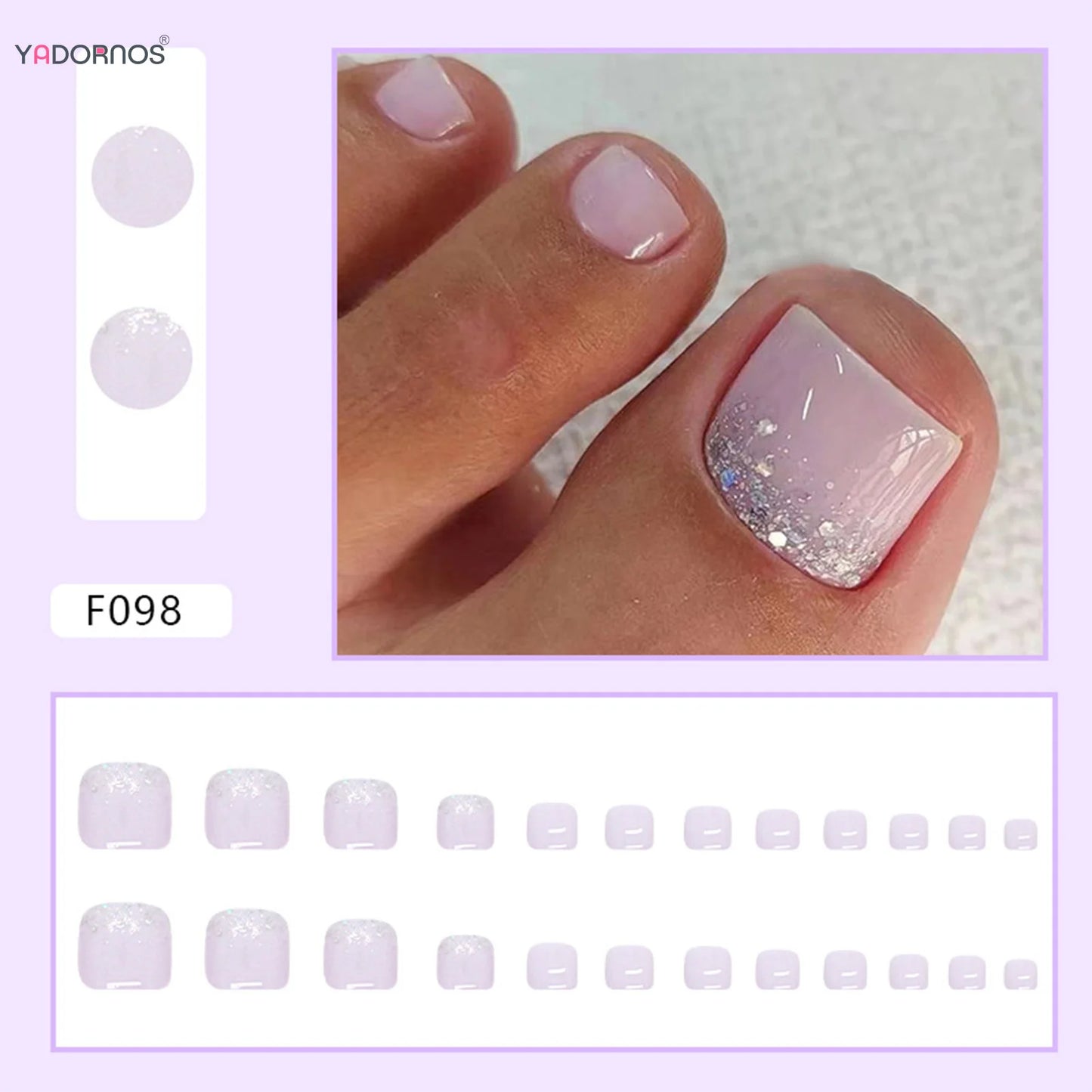 Simple Press on Toenails Silver Glitter Powder Fake Toe Nails Tips Short Square False Nails for Feet Women Summer Barefoot Decor
