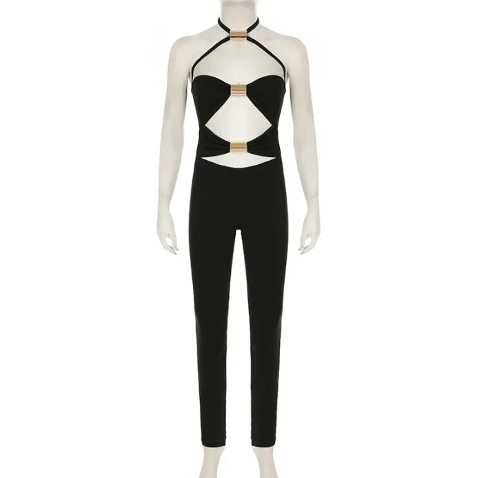 Sexy Slim Fit Maxi Dress with Metal Buckles Hollow Out Split Bodycon Style for Women O-neck Sleeveless Backless Party Clubwear