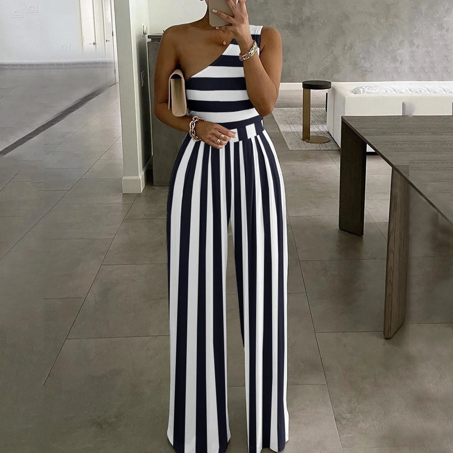 Summer Women Fashion Sexy One Shoulder Club Romper Bodysuit Elegant Wide Leg Jumpsuit Office Lady Casual Ovealls