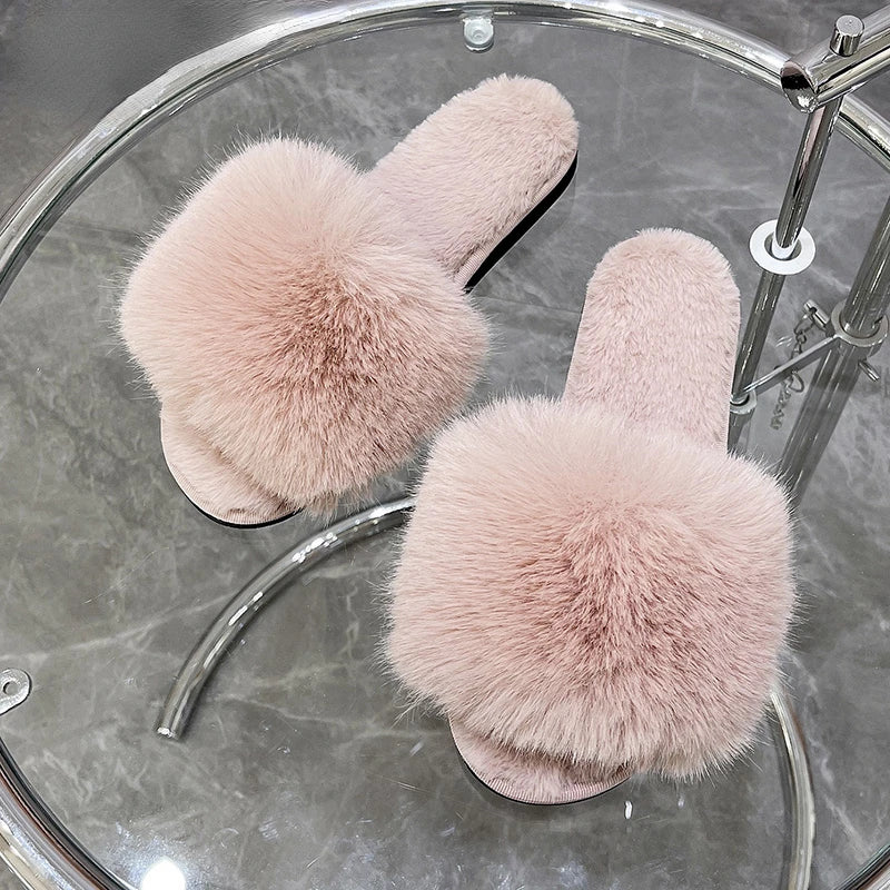 Women's Home Slippers Winter Pink Fur Kawaii Flats Furry Elegant Comfortable Soft Shoes for Woman and Low Price