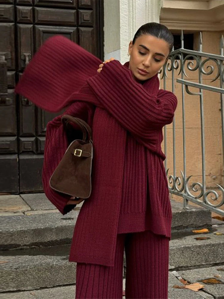 Oversize Knitted Women's Set V-Neck Full Sleeve Scarf Pullover Long Trousers Casual Loose Lady Suit for Autumn