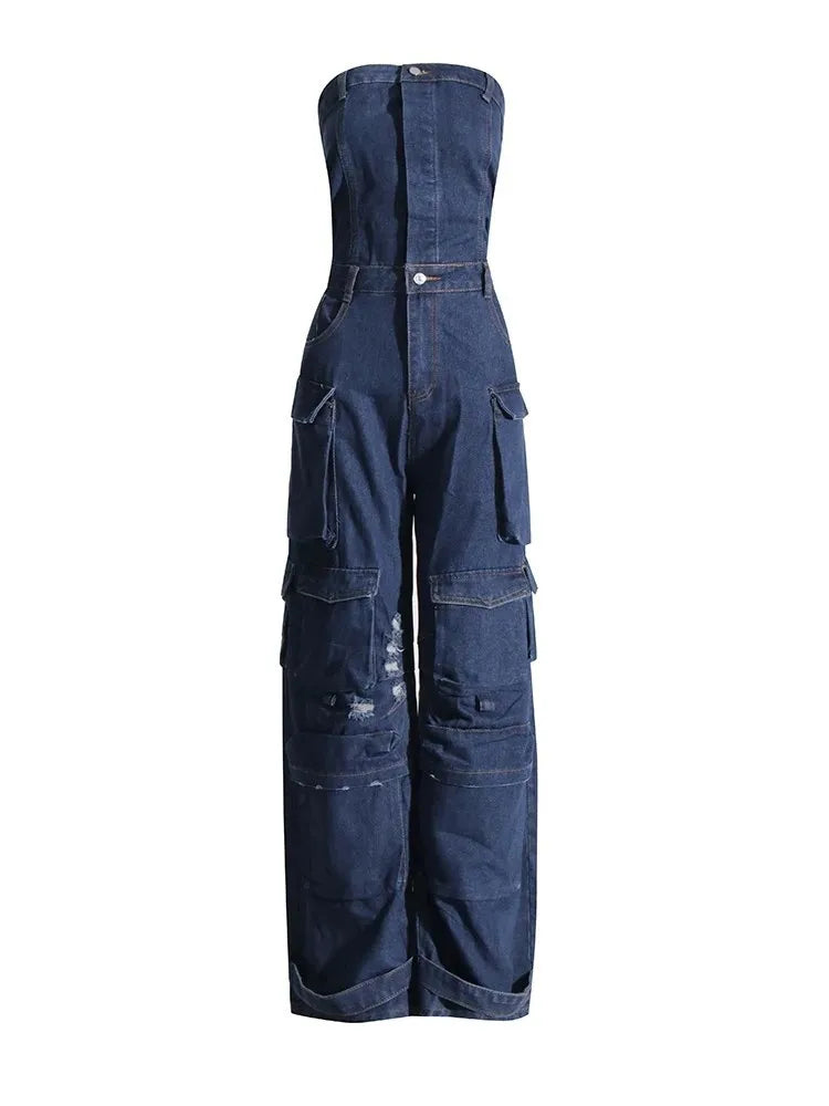 TWOTWINSTYLE Solid Patchwork Pocket Casual Denim Jumpsuits For Women Strapless Sleeveless High Waist Temperament Jumpsuit Female