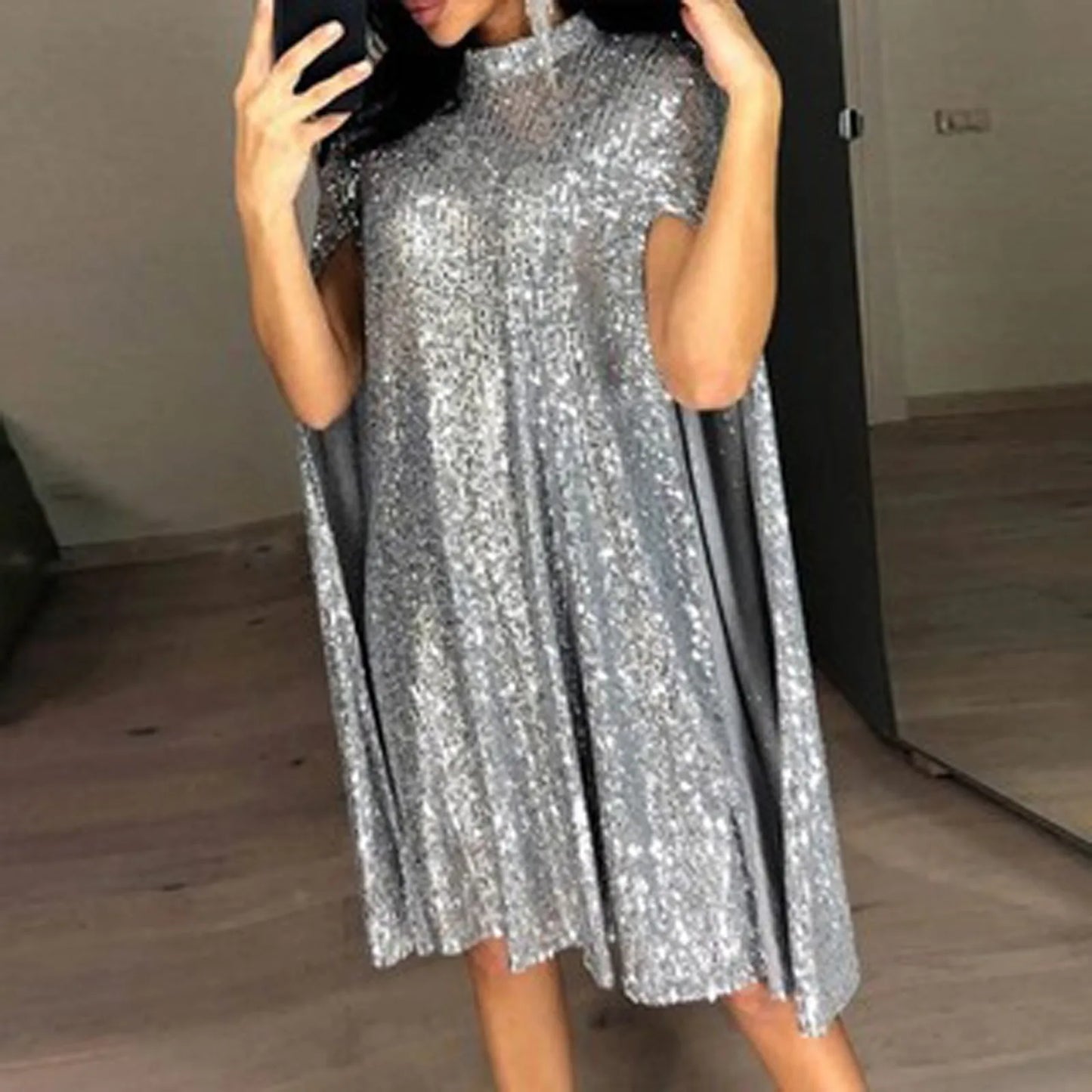 Sequin Party Dresses For Women 2024 Golden Elegant Cloak Sleeve Patchwork Loose Evening Dress Silver Sexy Club Vestidos Female