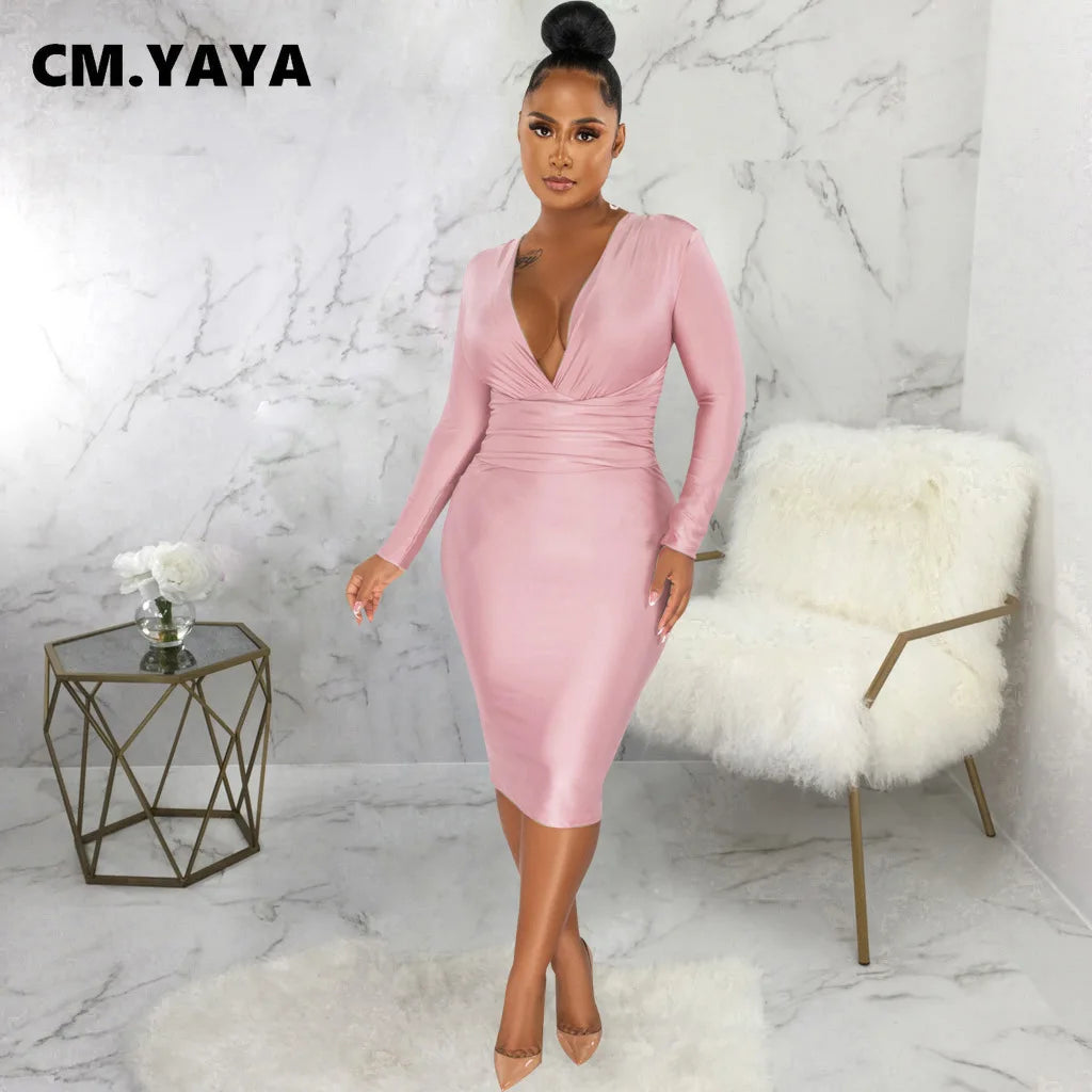 CM.YAYA Women V-neck Elegant Long Sleeve Midi Dress 2024 Winter Ruched OL Streetwear Africa Party Club Dresses Vestidos