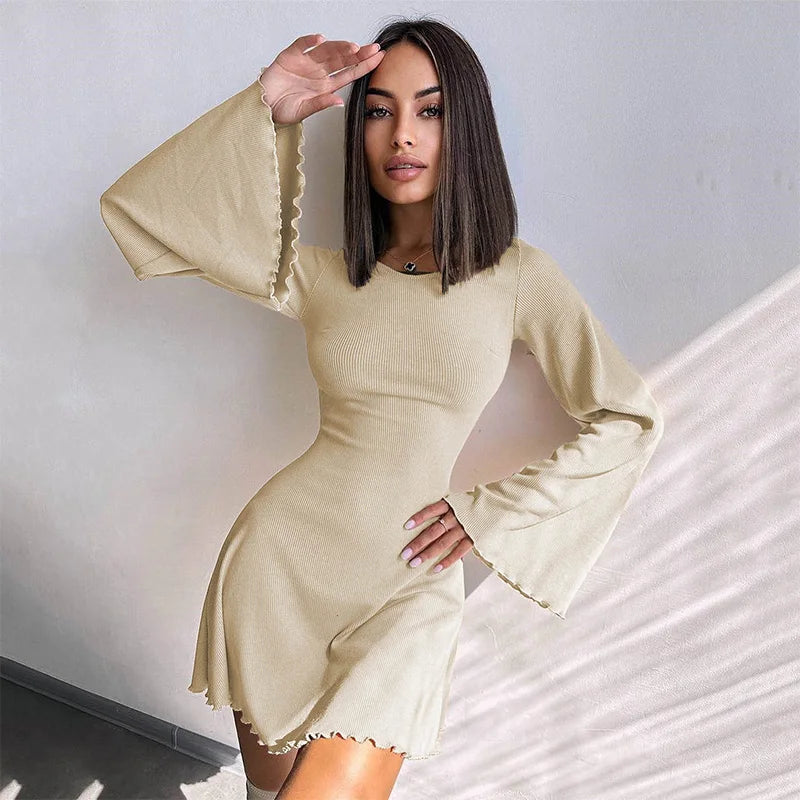 Mini Short Party Dress for Women Sexy Nightclub Flare Sleeves O Neck Back Bandage Eye Catching Autumn Fashion