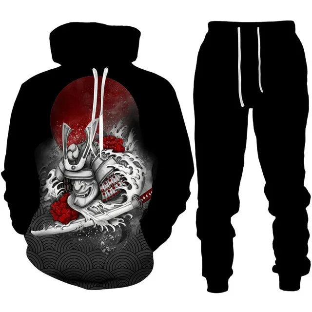 Tracksuit Sets Boys Hoodie Japan Samurai Mask Tattoo Art 3D Printed Casual Fashion Harajuku Streetwear Clothes For Boys Clothing