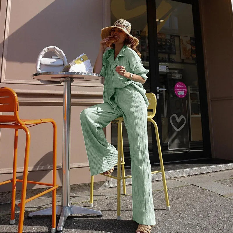 New Spring And Autumn Suit Women's Pleated Lapel Shirt Loose Casual Suit Solid Color Drape Pleated Casual Suit