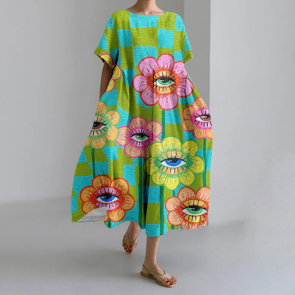 New Summer Womens Dresses Exquisite Elegant Round Neck Short Sleeve Long Pink Spotted Irregular Printed Comfortable Midi Dresses