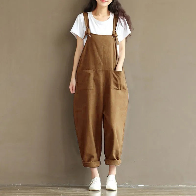Brown linen overalls with pockets, paired with white tee and sneakers for cozy loungewear comfort