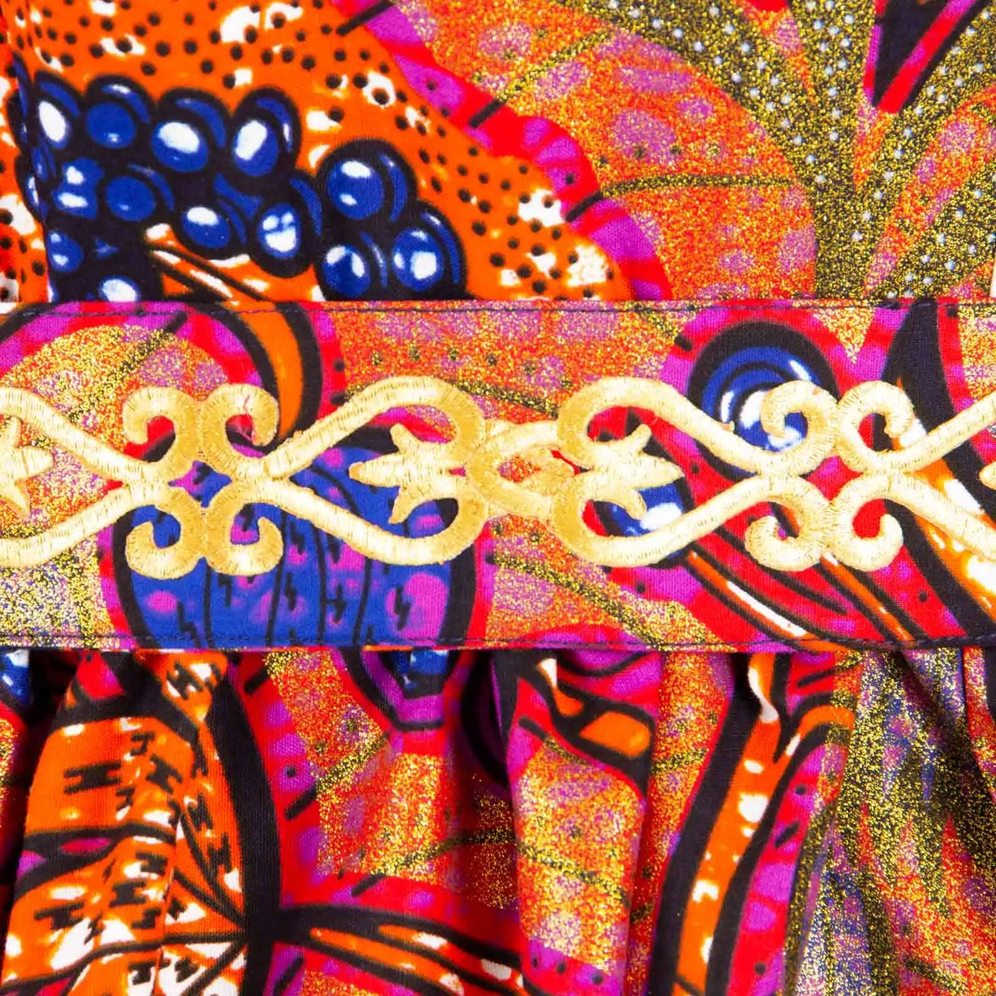 Afripride African Women's Dresses Ankara Batik Short Sleeve Gold Stamped Belt Accessory Dress 2425127