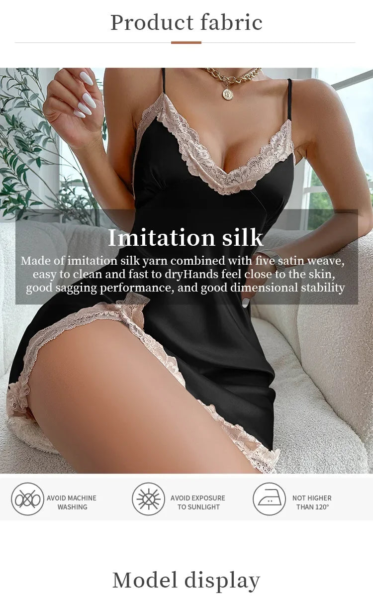 Lace Trim Leopard Nightdress V Neck Backless Side Split Slip Sleep Dress Women's Sleepwear Dresses