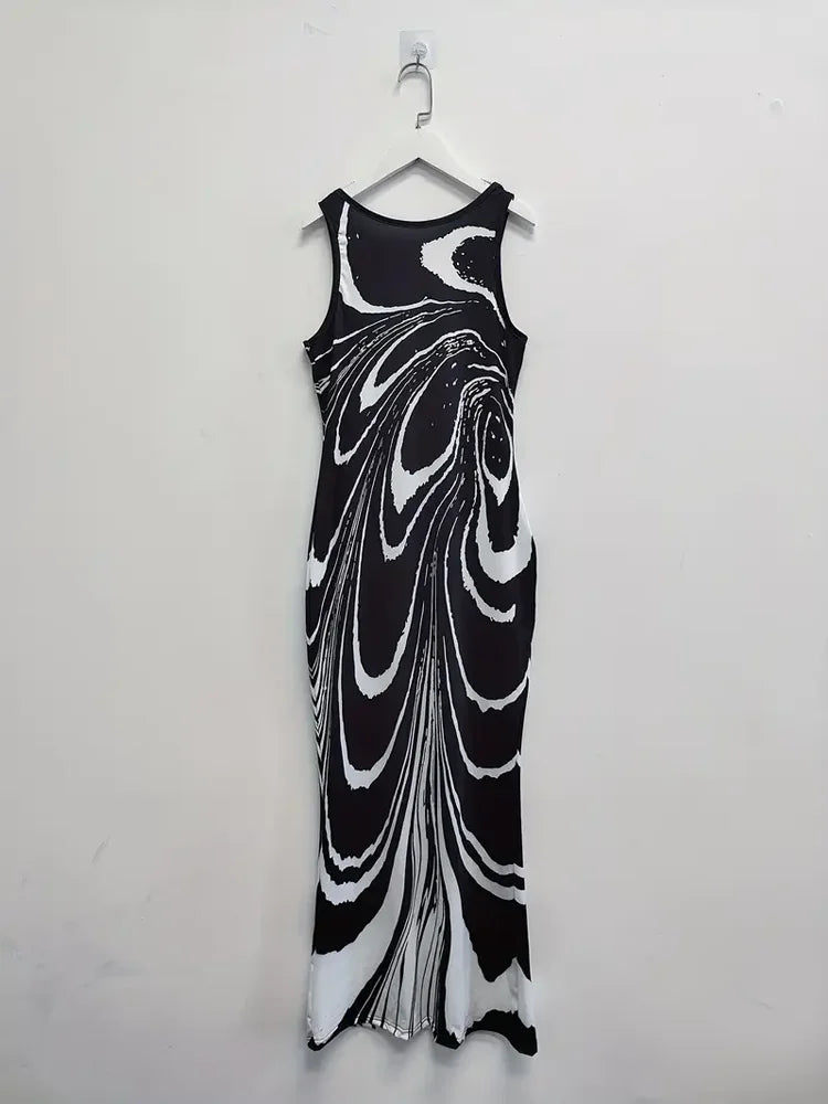 Allover Print Split Tank Dress, Elegant Bodycon Sleeveless Maxi Dress For Spring & Summer, Women's Clothing