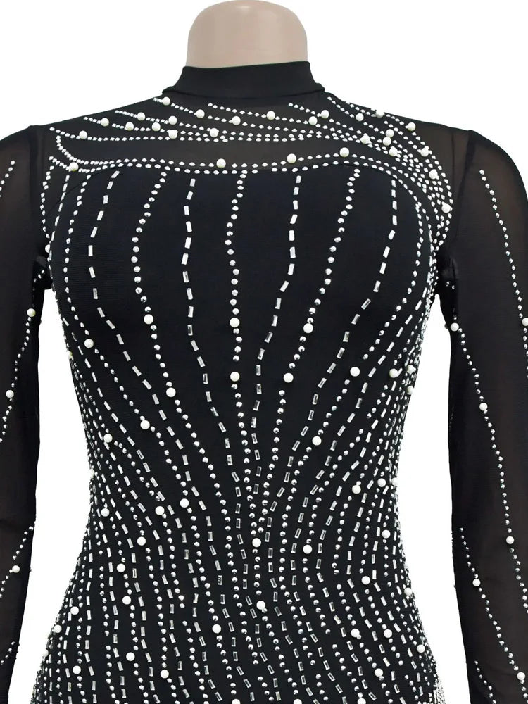 Beyprern Beautiful Crystal Embellished Fringed Mini Dress Glam Womens Pearls Rhinestone Slim Short Party Dress Birthday Outfits